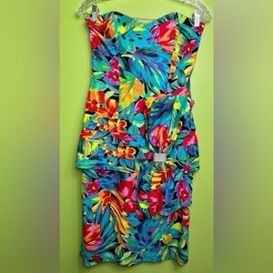 Rimini Vintage Tropical Floral Strapless Ruched Cocktail Dress Size 6